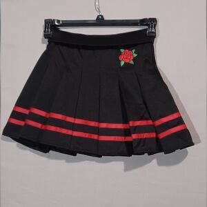 Black and Red Pleated Skirt with Rose Embroidery